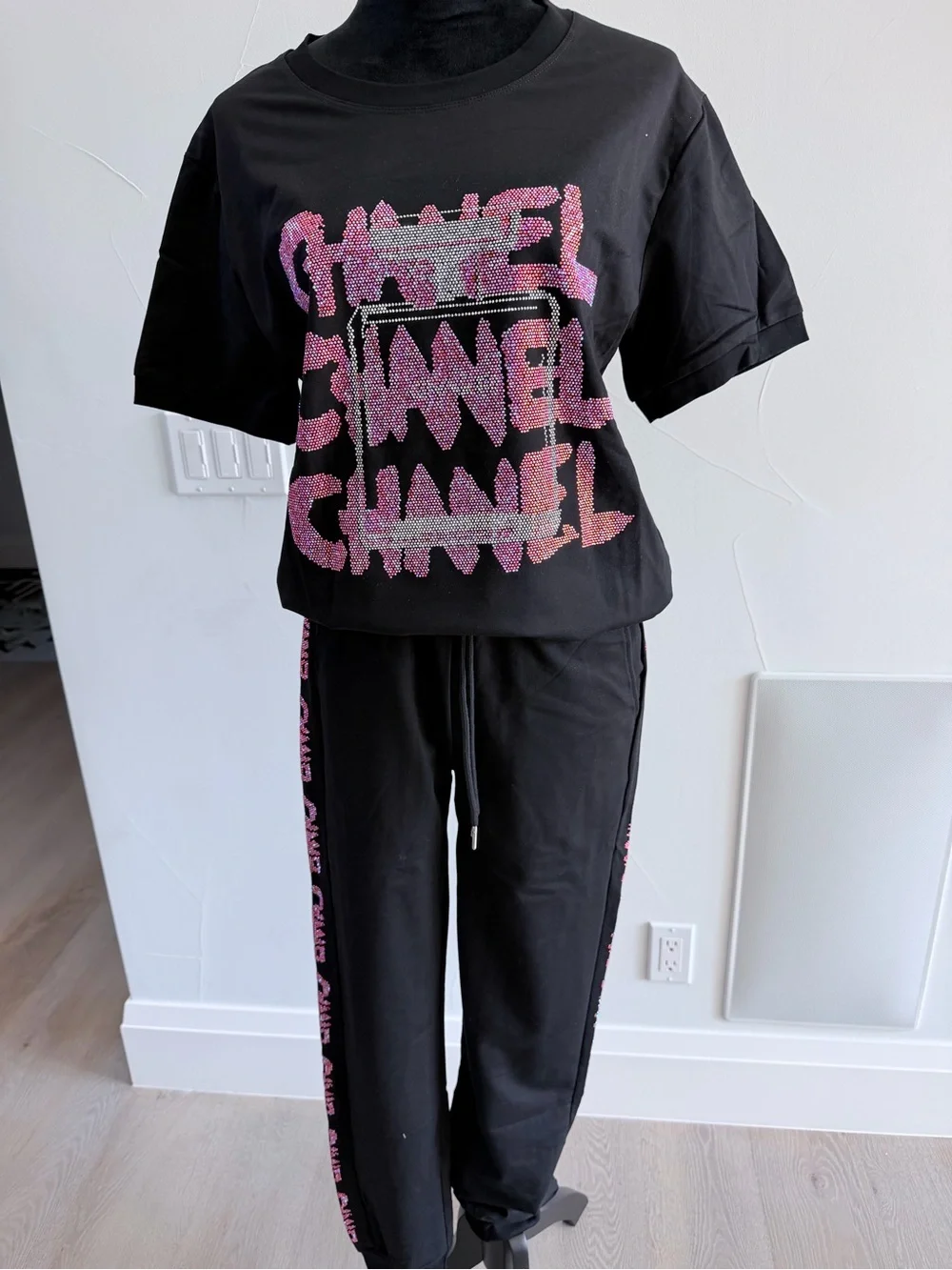 CHANEL Black Tee and Joggers with Pink Logo Detailing size S/M